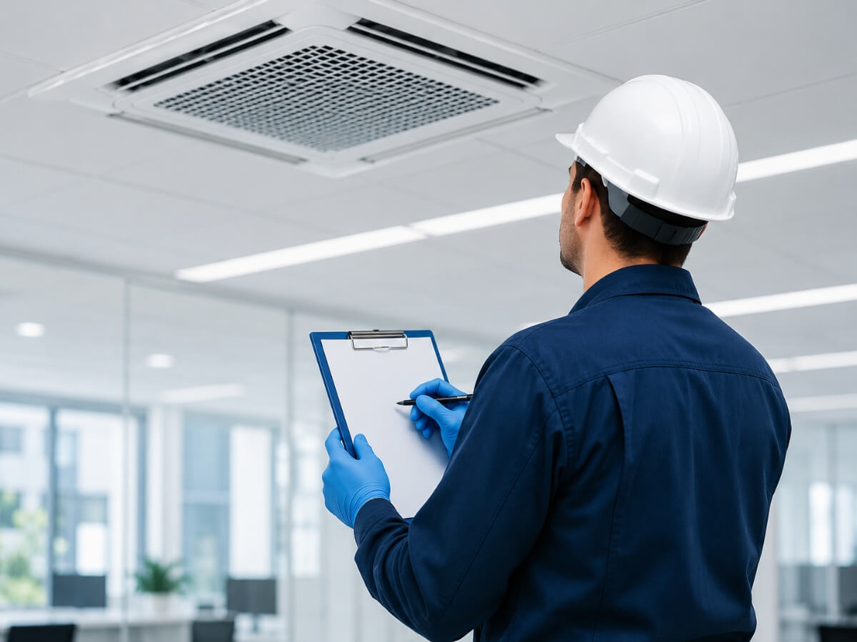 Técnico especializado inspecionando ar-condicionado cassete durante manutenção PMOC em Juiz de Fora